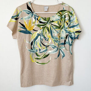 Chico's Tan Tropical Floral Metallic Short Sleeve Tee Top Womens Small‎